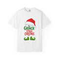 White crewneck T-shirt, flat lay, with red Santa hat and "Grinch stole Christmas" print