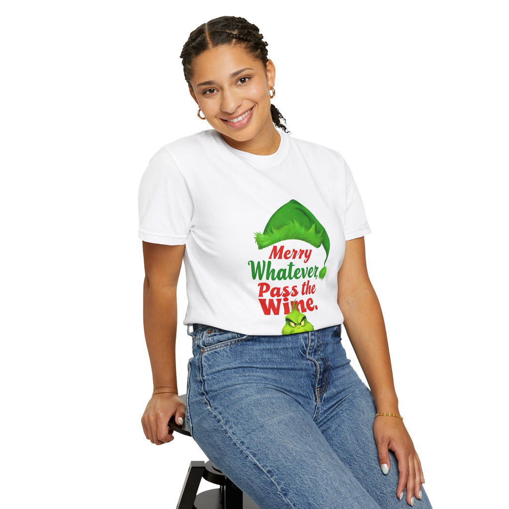 White crew-neck T-shirt with green Santa hat 'Merry Whatever Pass the Wine' graphic