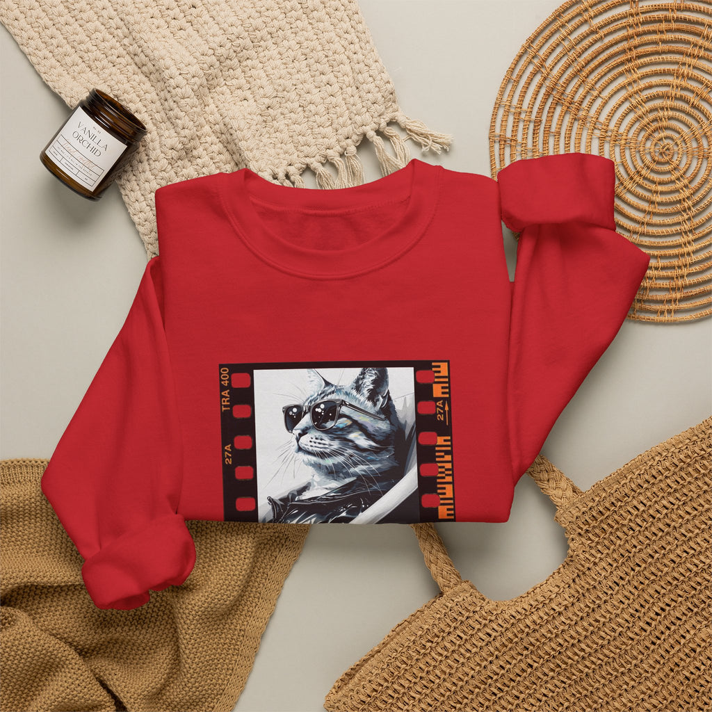 Red crewneck sweatshirt with framed cat portrait graphic and ribbed cuffs