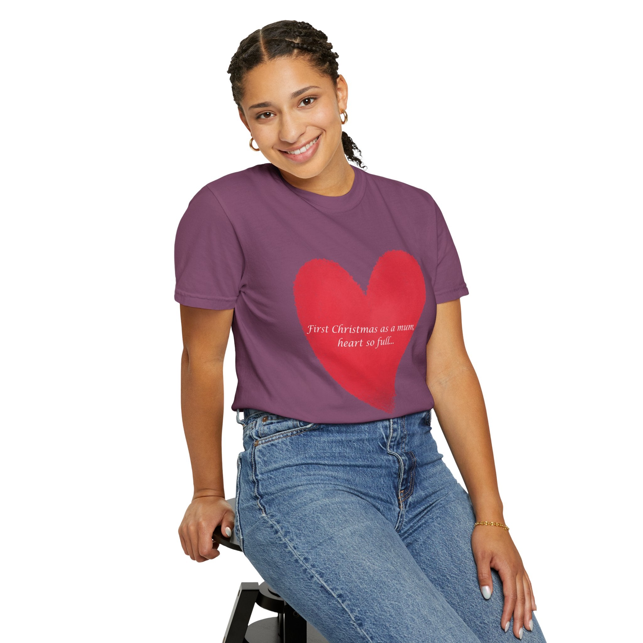 Berry/purple heart graphic T-shirt with red brushstroke heart and “First Christmas…” text