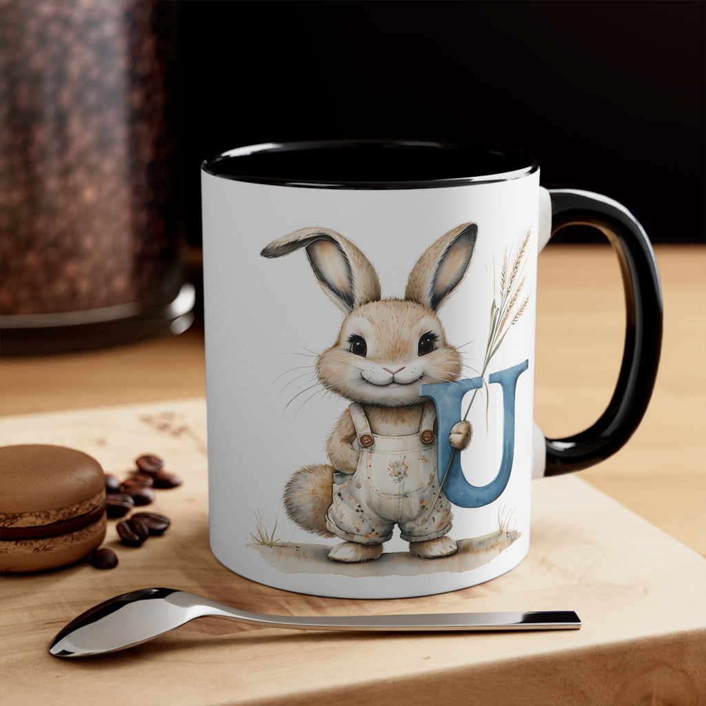 Whimsical Letter U Rabbit Accent Mug, Perfect for Easter, Coffee Lovers, Cute Gifts, Home Decor, Breakfast Table, Unique Tea Mug