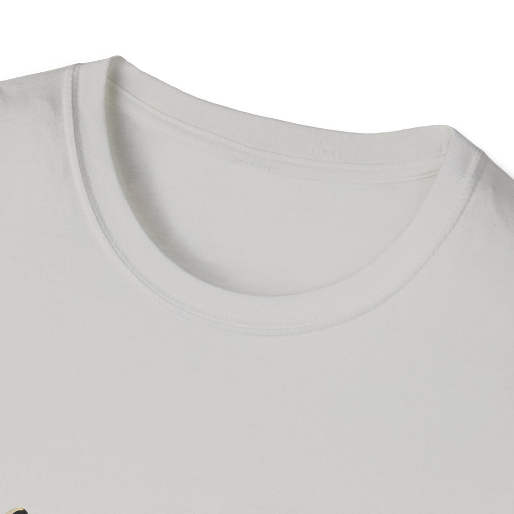 Unisex softstyle t-shirt neckline close-up in white, ribbed crew neck seam detail