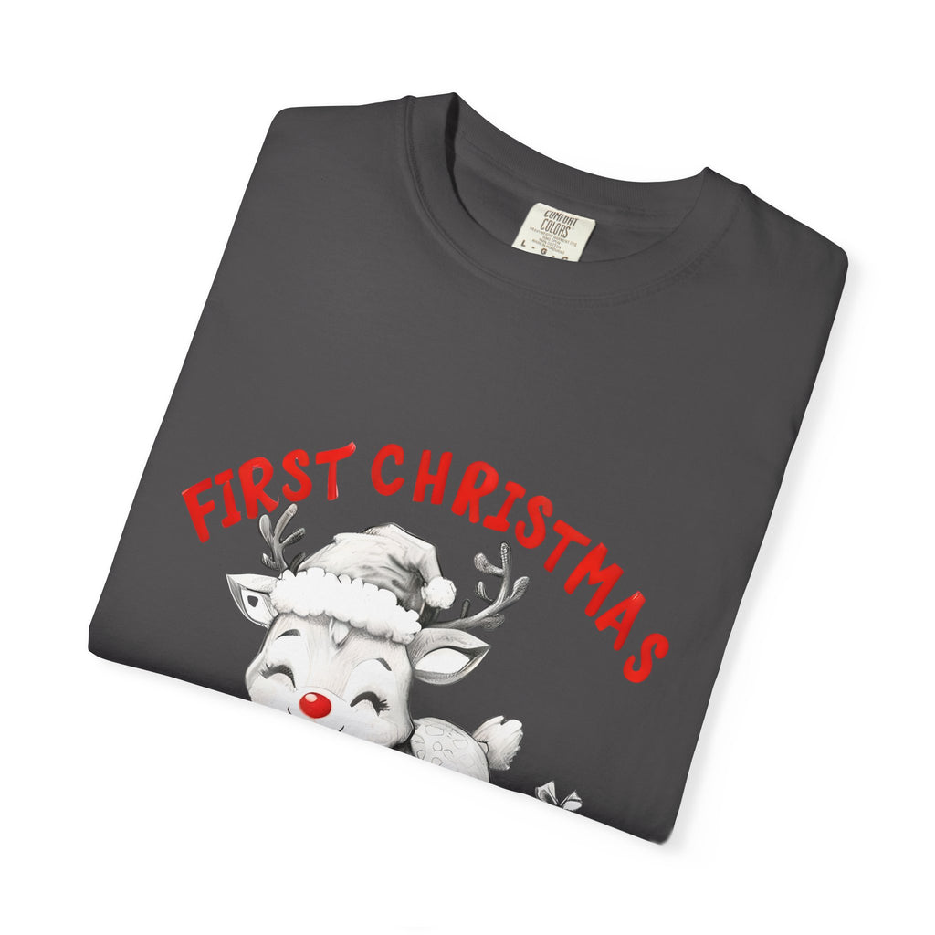 Graphite T-shirt with red “First Christmas” text and cute reindeer graphic