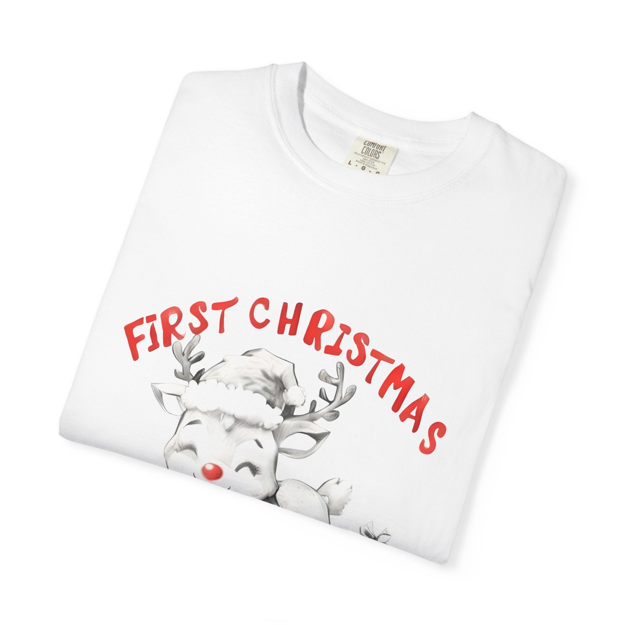 White T-shirt, folded with reindeer graphic and “First Christmas Daddy 2025”