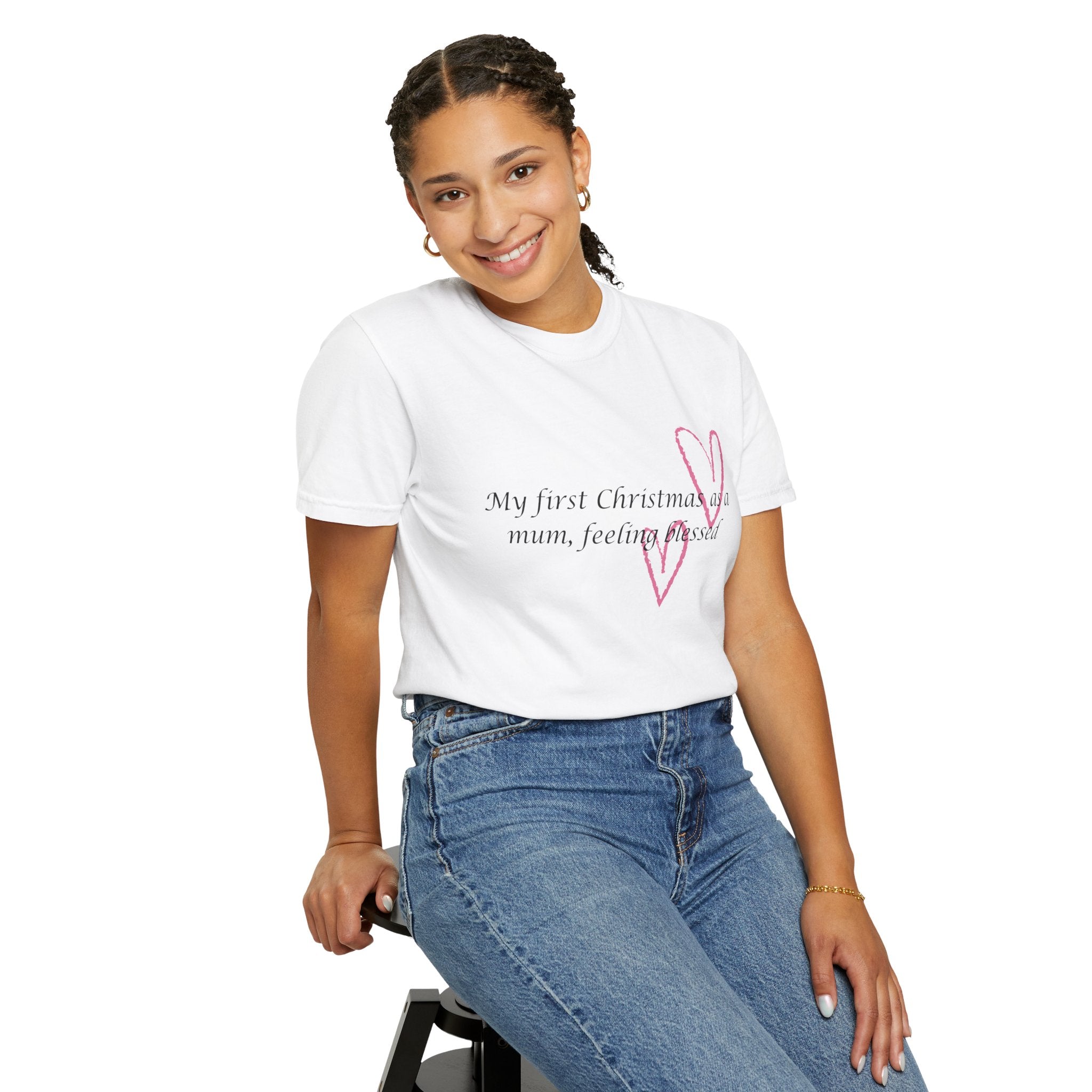 White Christmas mum t-shirt on model with pink heart outline and “feeling blessed” text
