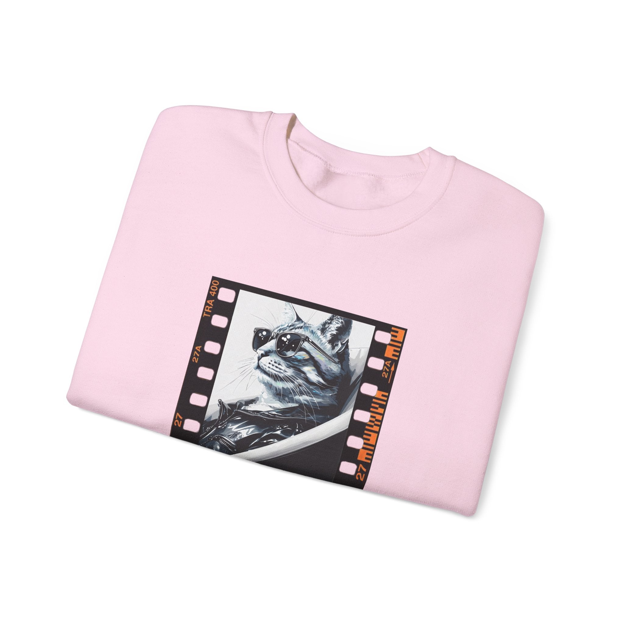 Light pink crewneck sweatshirt with cat-themed graphic print on chest