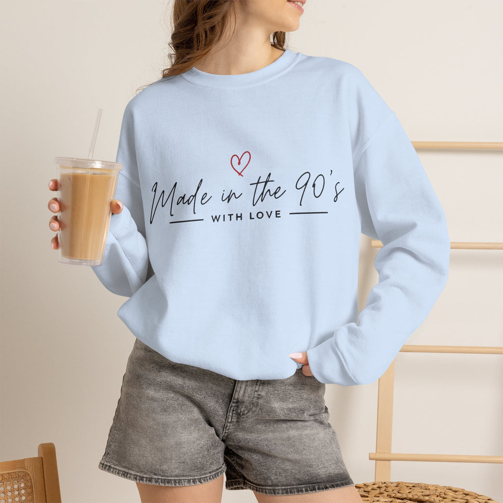 Crewneck Sweatshirt — "Made in the 90's" Retro Heart Graphic, Vintage Mom/90s Birthday Gift