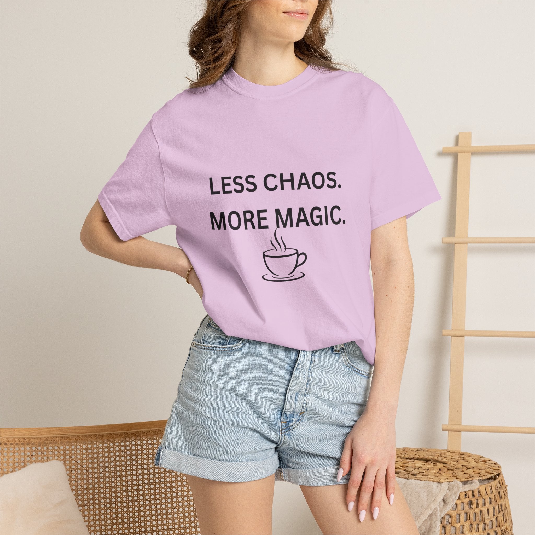 Less Chaos, More Magic T-Shirt — Cozy Coffee Cup Graphic Tee