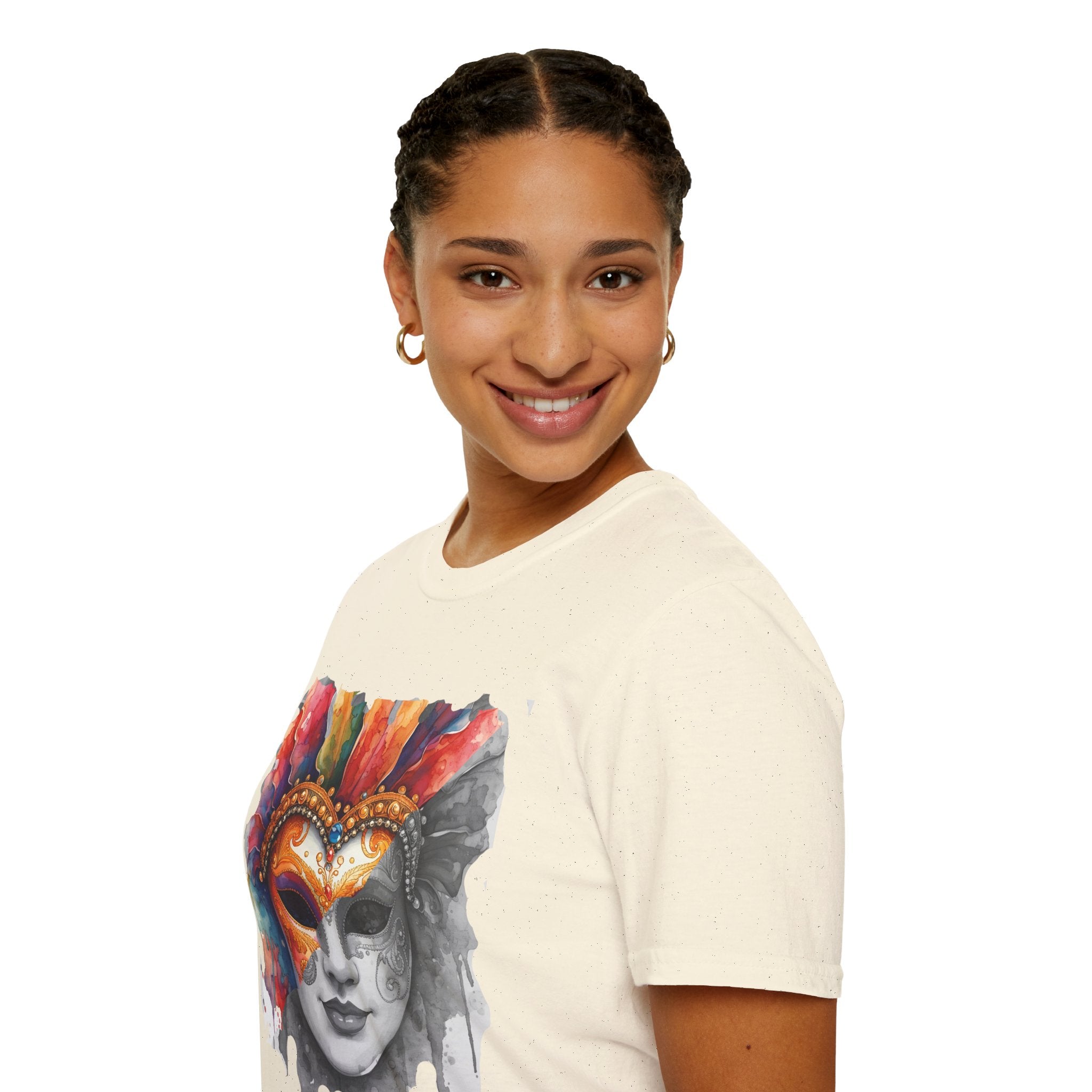 Cream Masquerade Face T-shirt with watercolor mask print on front, crew neckline