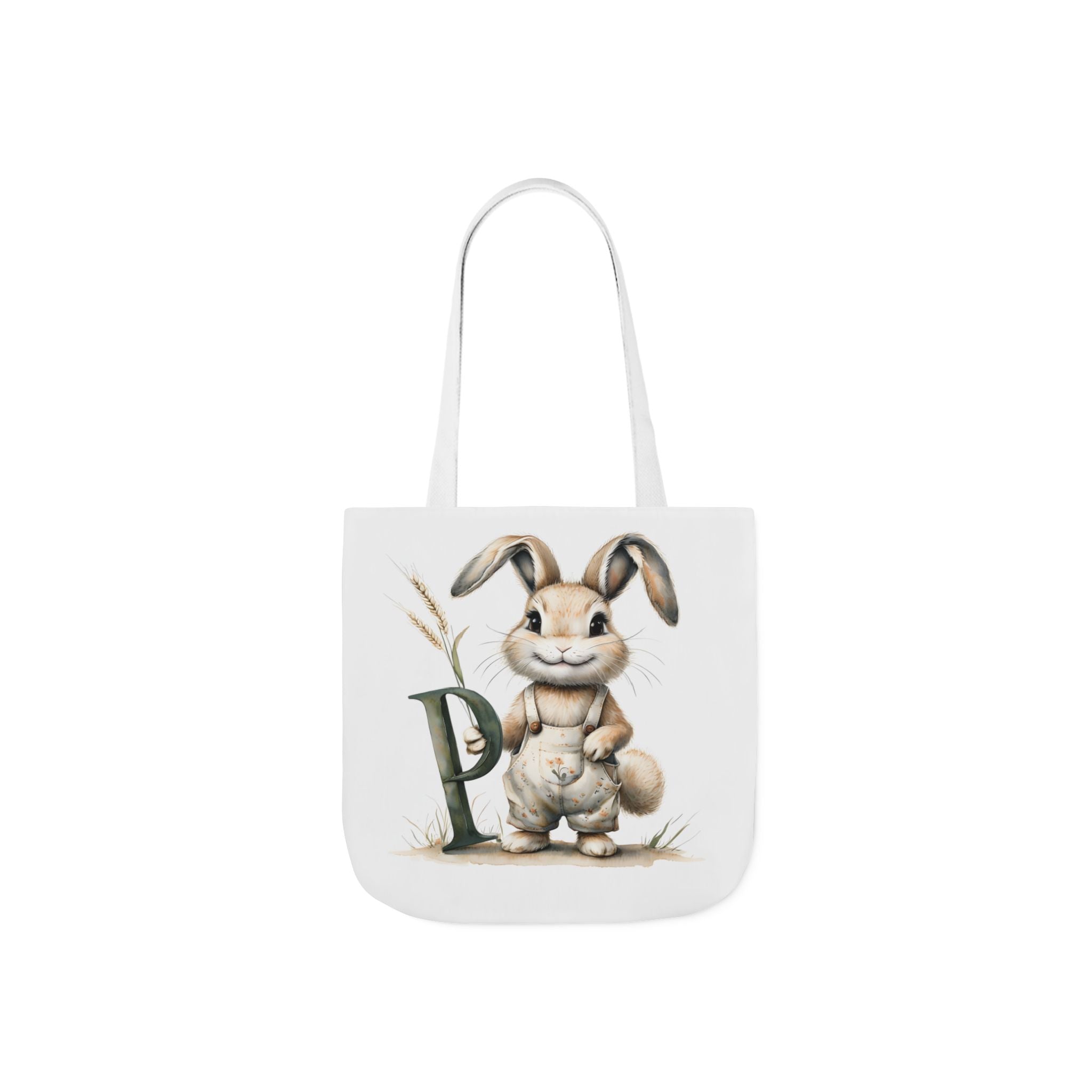 Cute Letter P Rabbit Canvas Tote Bag with 5-Colour Straps, Easter Gift, Eco-Friendly Shopping Bag, Kids Tote, Bunny Lover Bag, Spring Decor
