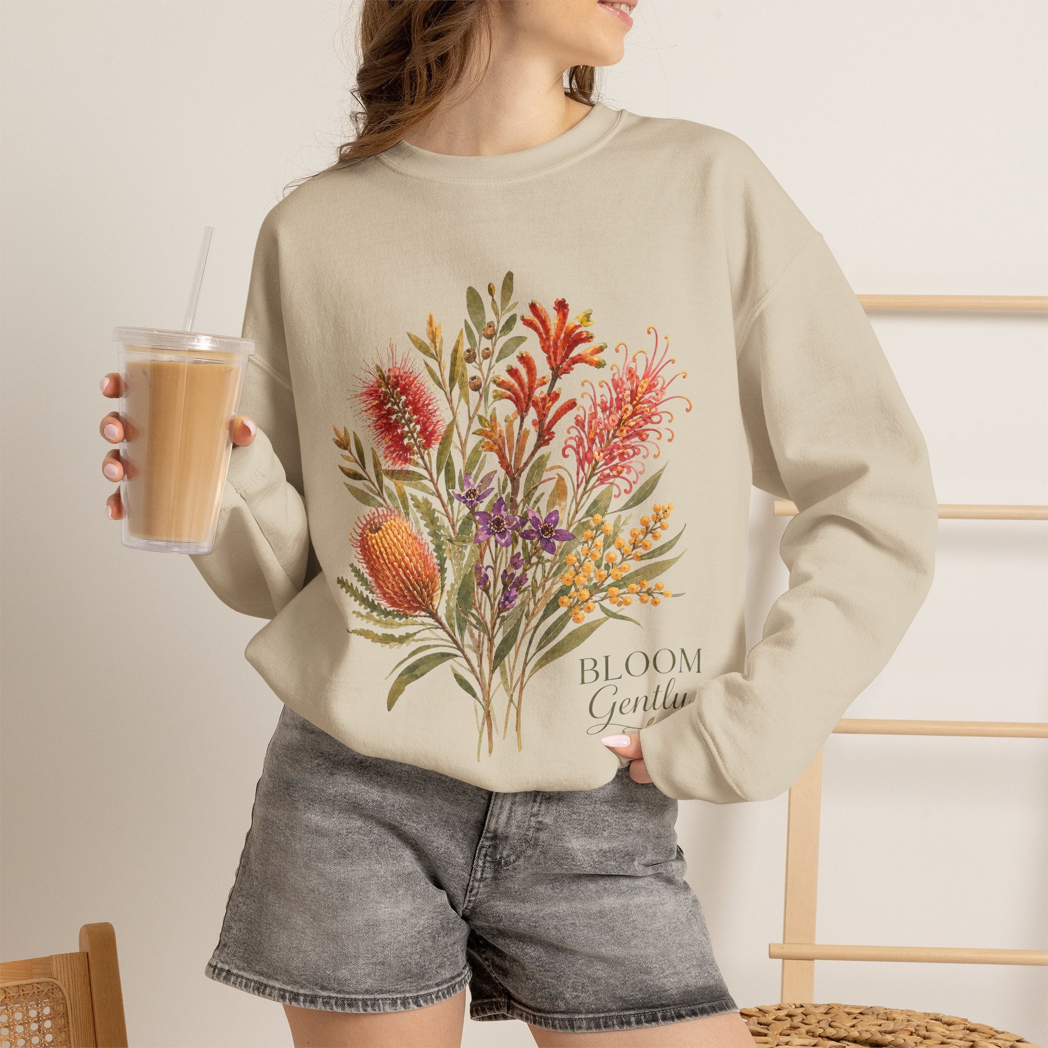 Floral bouquet sweatshirt, sand crewneck with colorful botanical bouquet graphic