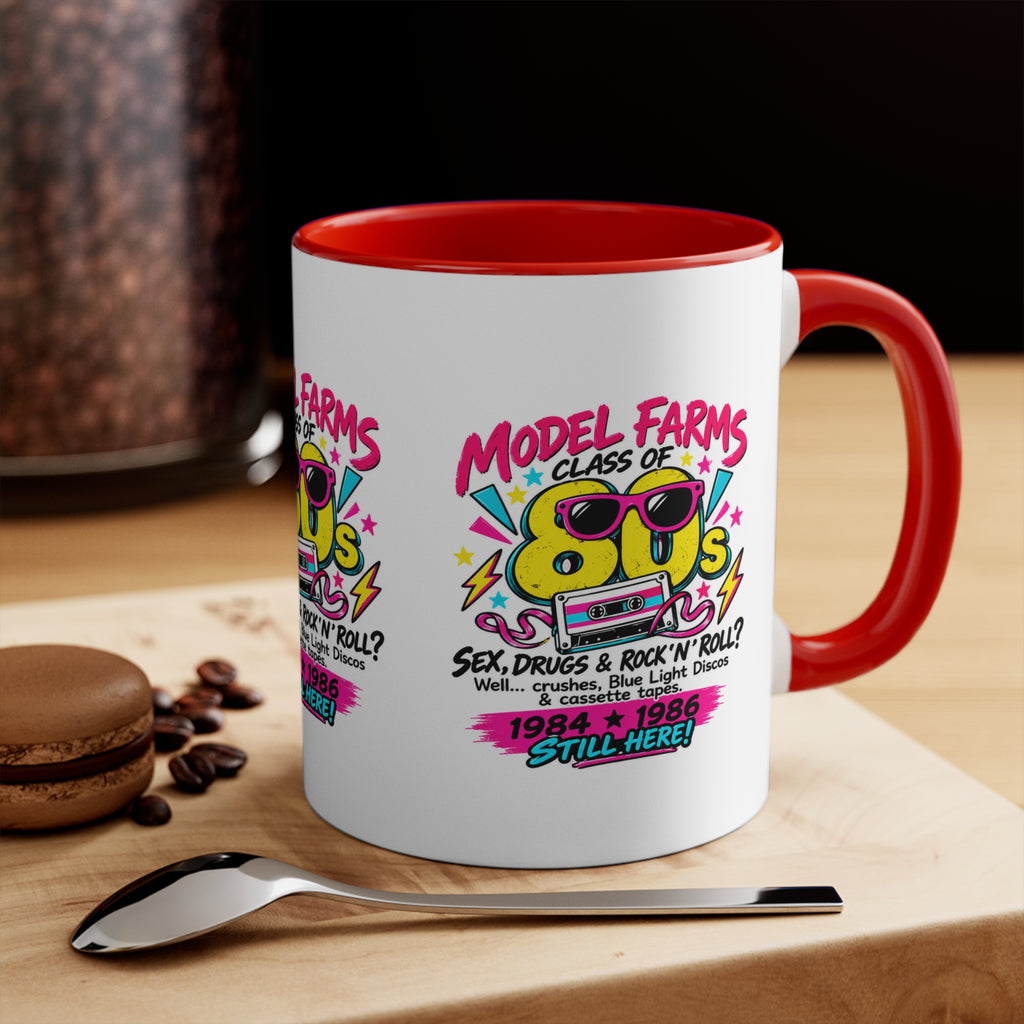 Red handle ceramic coffee mug with colorful retro farm-and-cassette graphic
