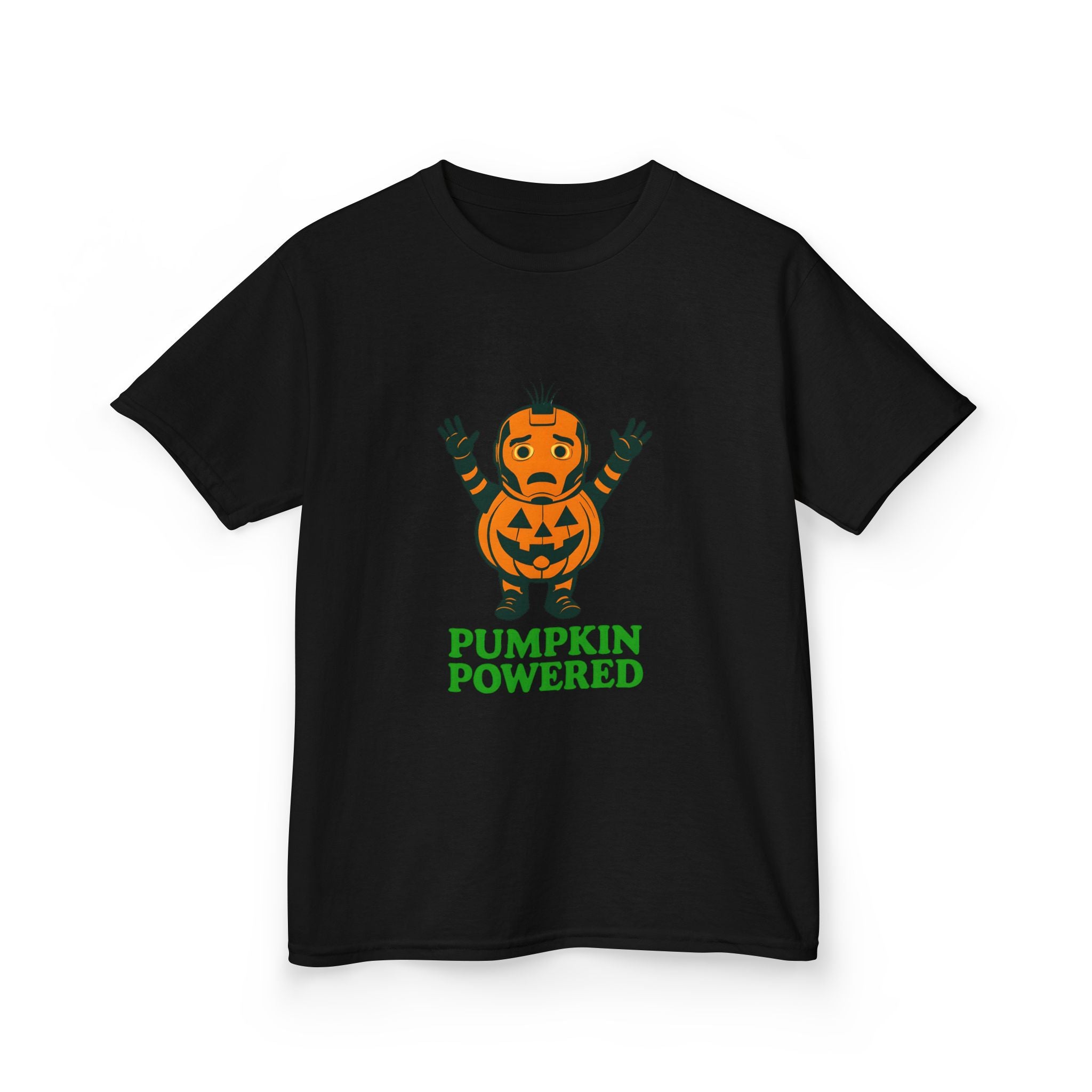 Black kids T-shirt with orange pumpkin character and green "PUMPKIN POWERED" text