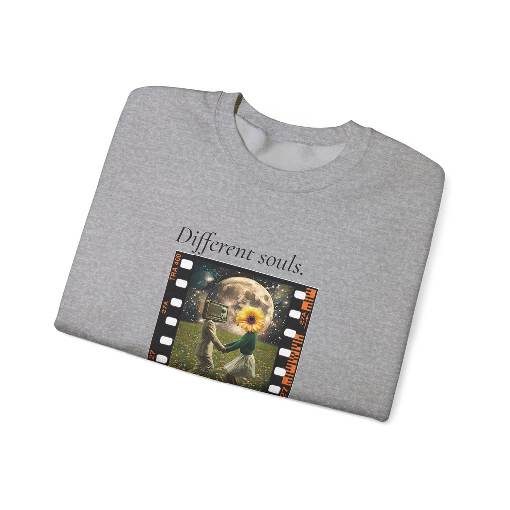 Heather gray crewneck sweatshirt with long sleeves and colorful front graphic print