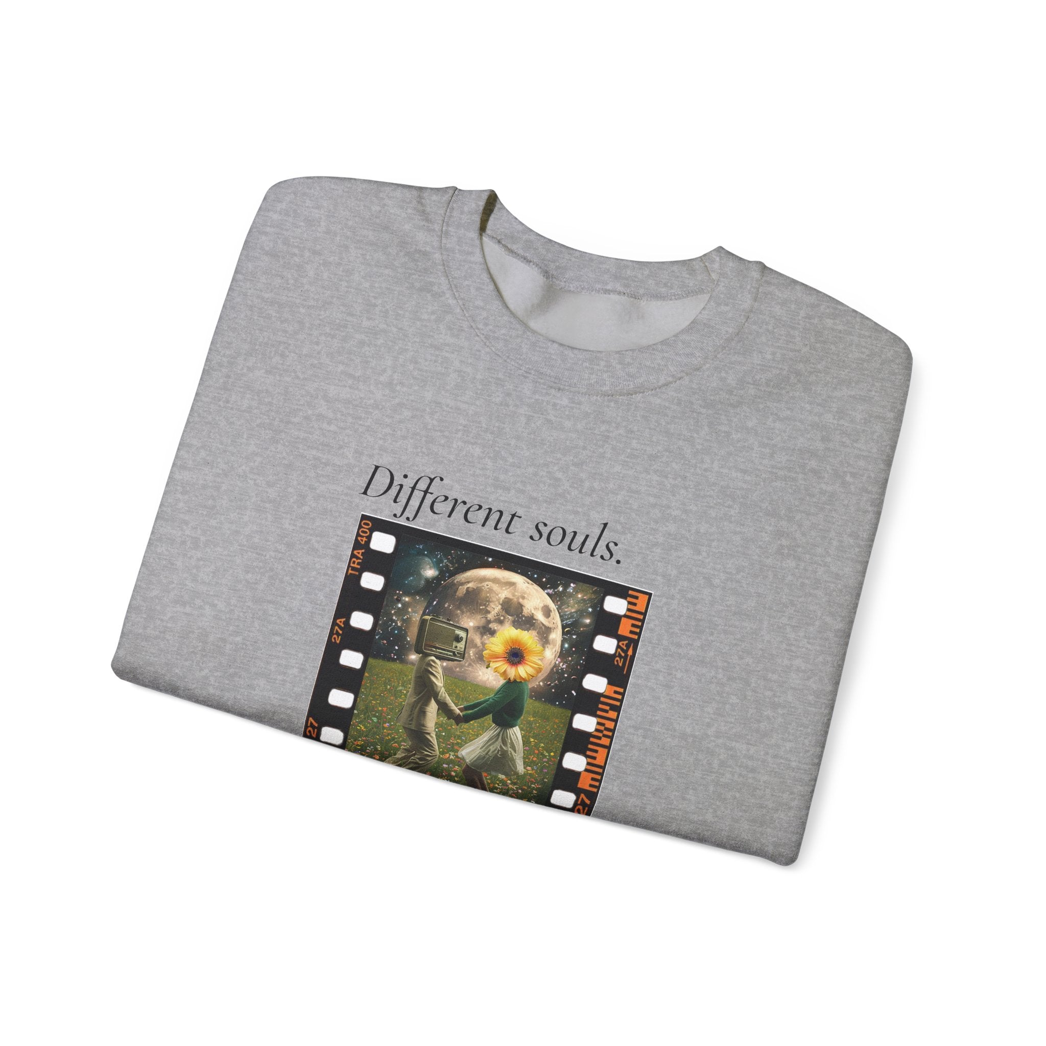 Heather gray crewneck sweatshirt with long sleeves and colorful front graphic print