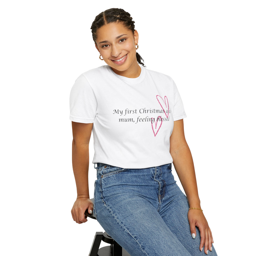 Mum Christmas T-shirt, white with pink heart script worn by model