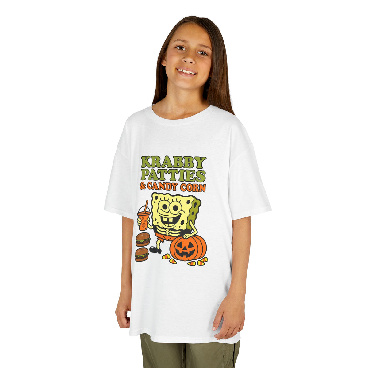 White kids graphic tee with Krabby Patties & Candy Corn SpongeBob-style character