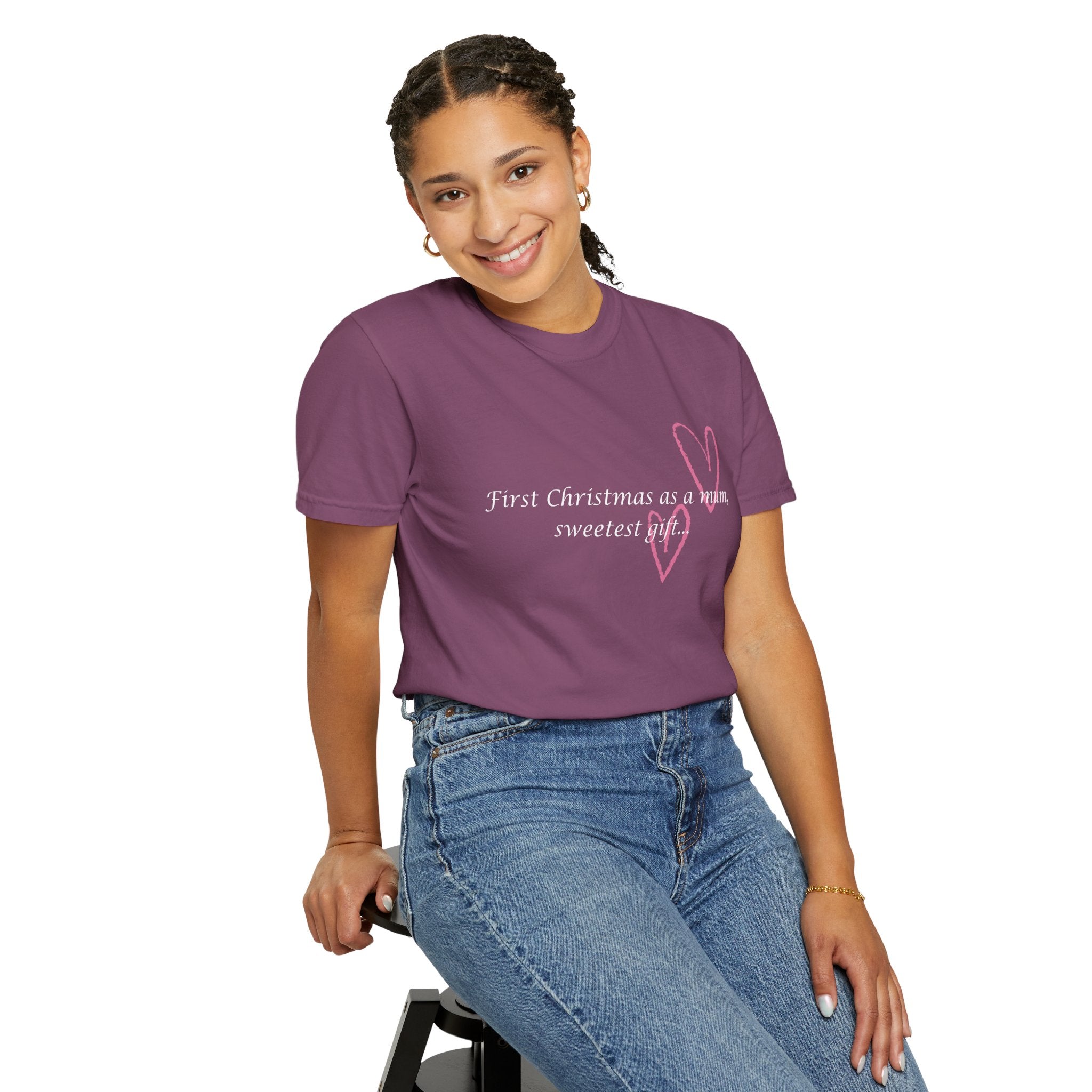 Purple crewneck T-shirt with pink outline heart and 'First Christmas as a mum' text
