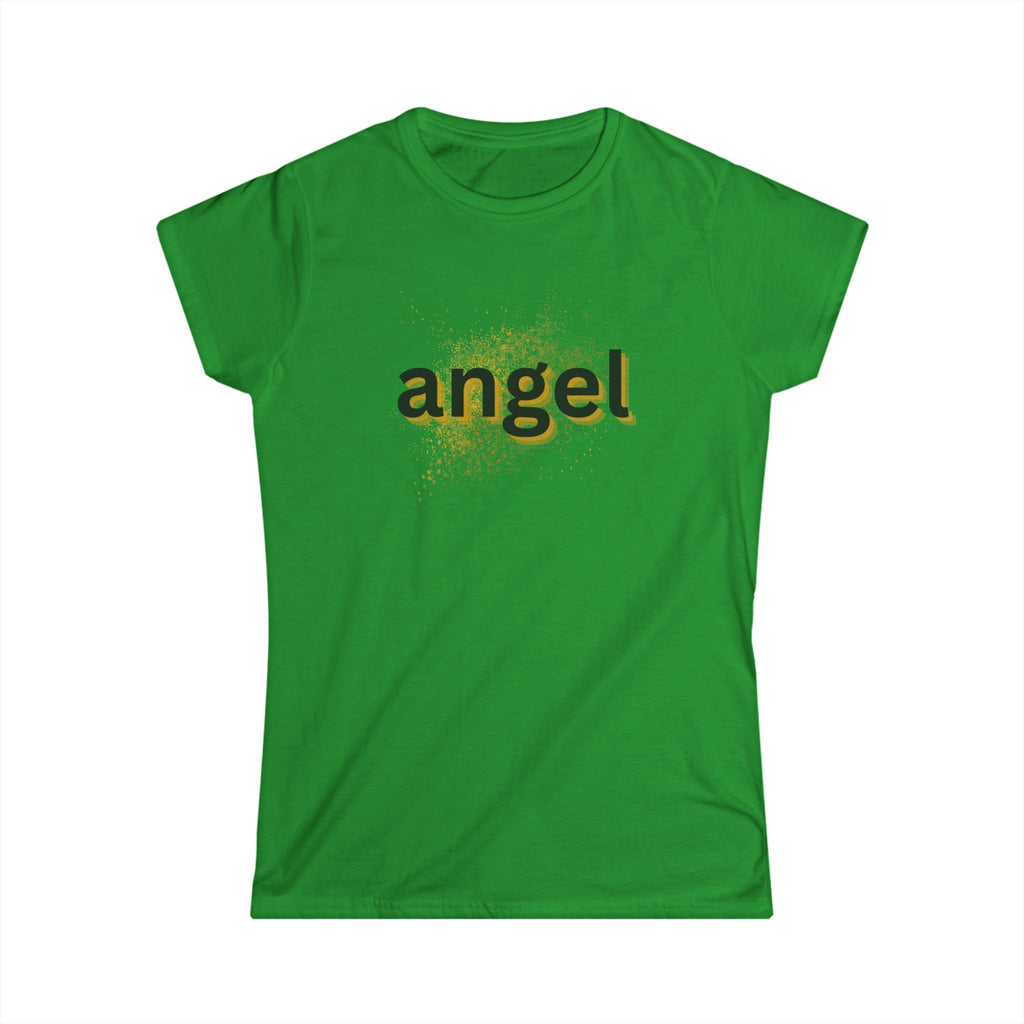 Women’s green tee with 'angel' graphic text on the front