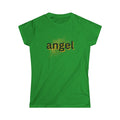 Women’s green tee with 'angel' graphic text on the front