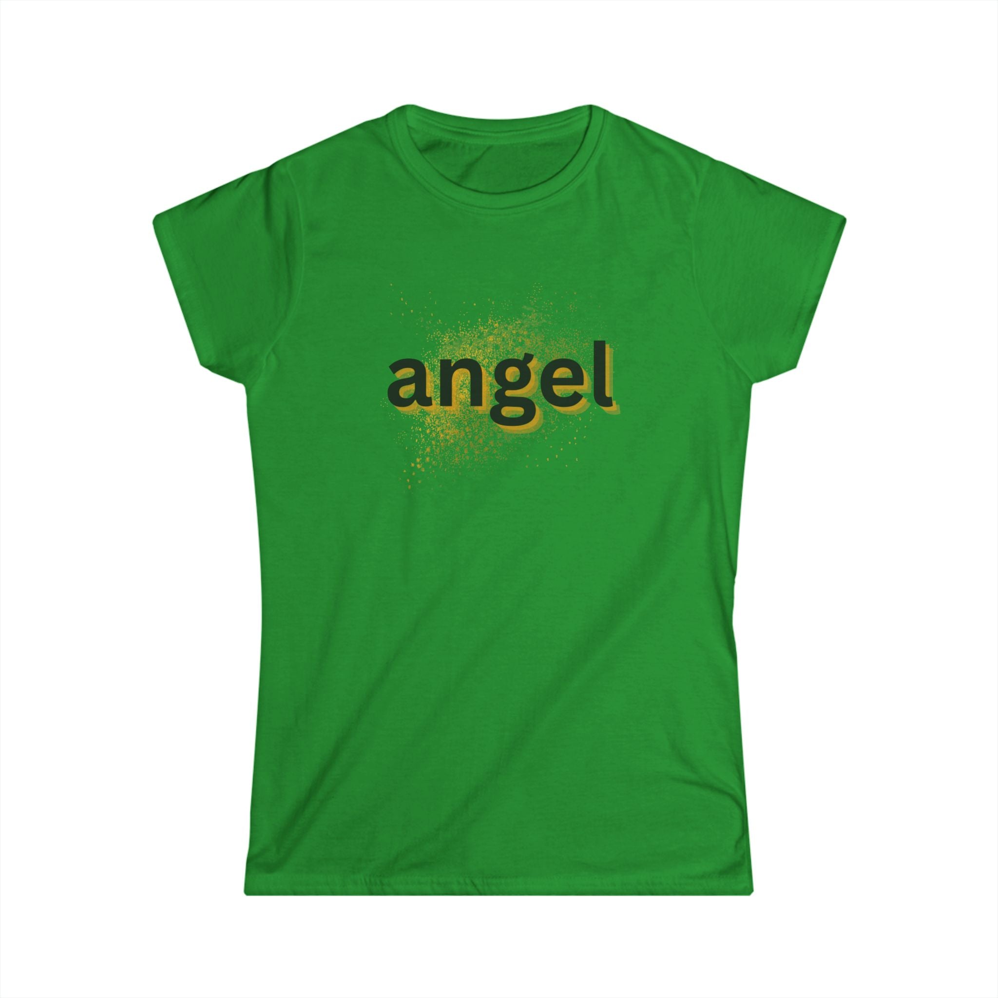 Women’s green tee with 'angel' graphic text on the front