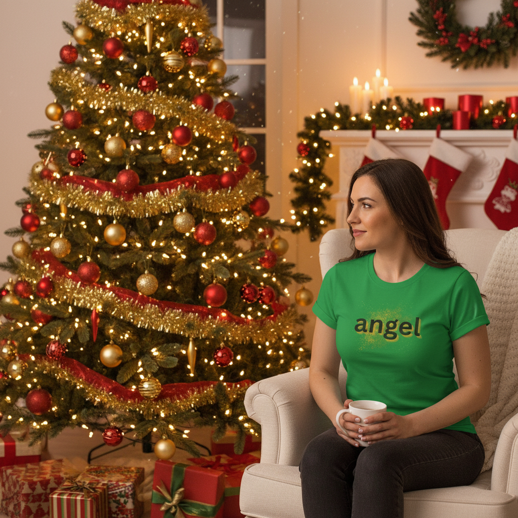 Women’s green tee worn by a seated model, 'angel' graphic on front