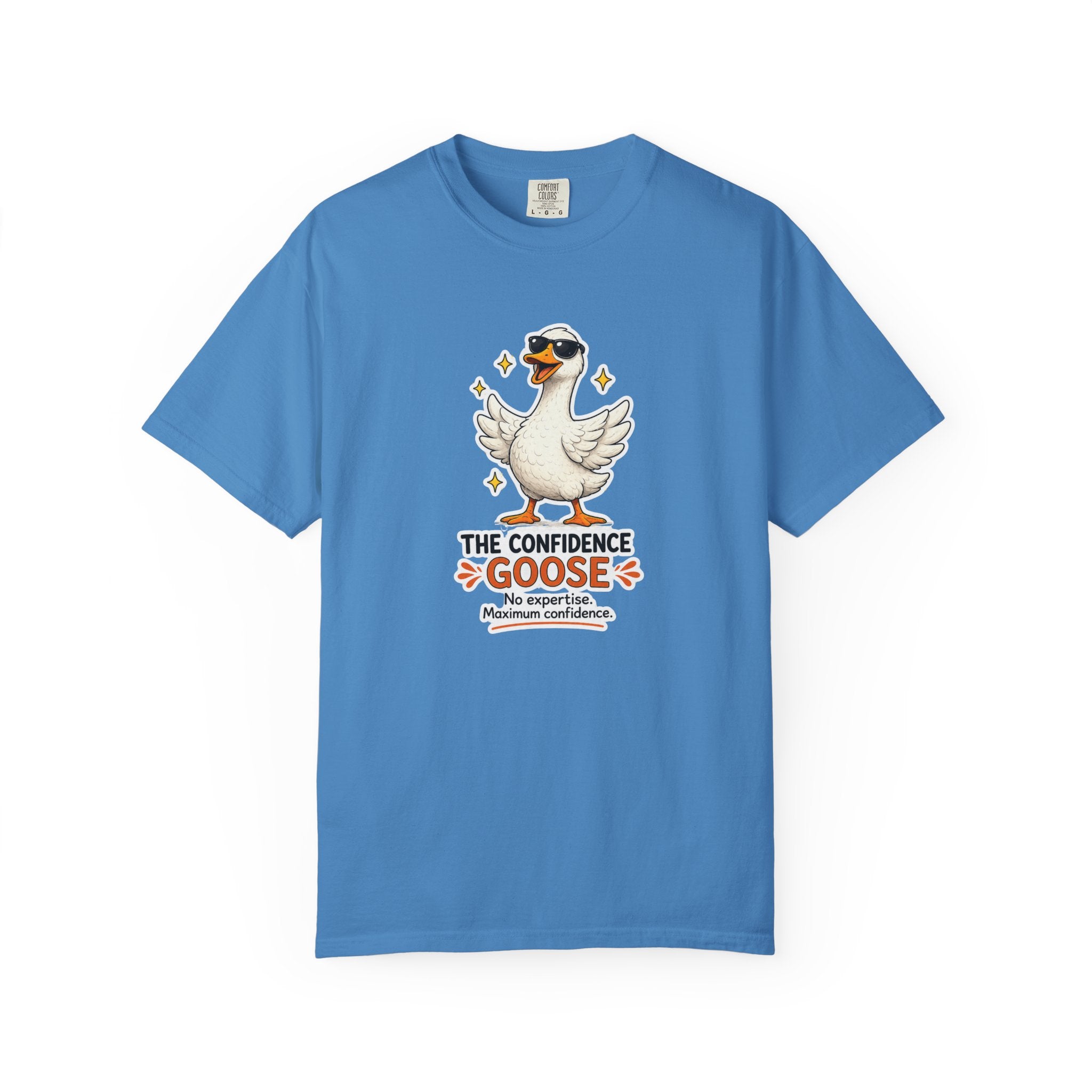 Blue goose graphic T-shirt with motivational text