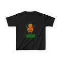 Kids black graphic tee with orange pumpkin character and “PUMPKIN POWERED” lettering