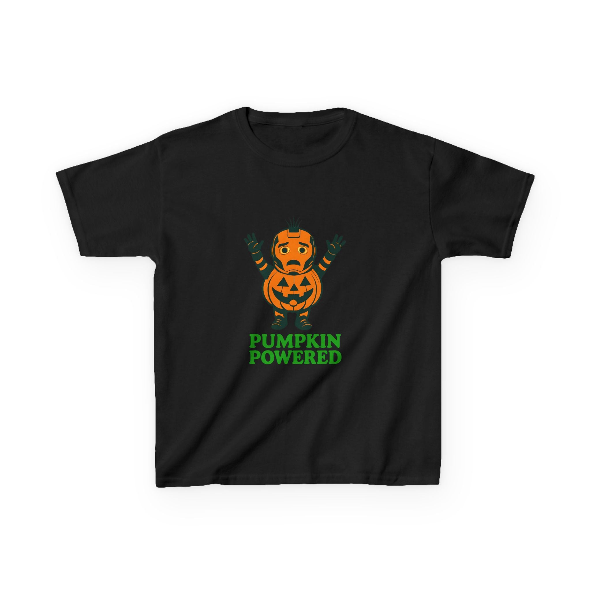 Kids black graphic tee with orange pumpkin character and “PUMPKIN POWERED” lettering