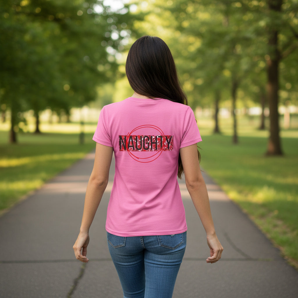 Women's graphic tee, pink with 'Naughty' back stamp logo