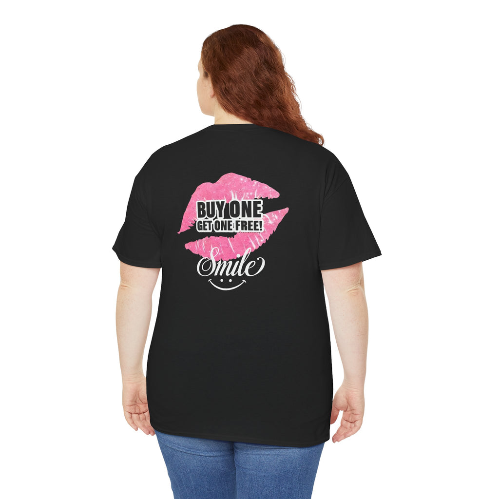 Smile Lip Print Tee — "Buy One Get One Free" Graphic T-Shirt Back Print
