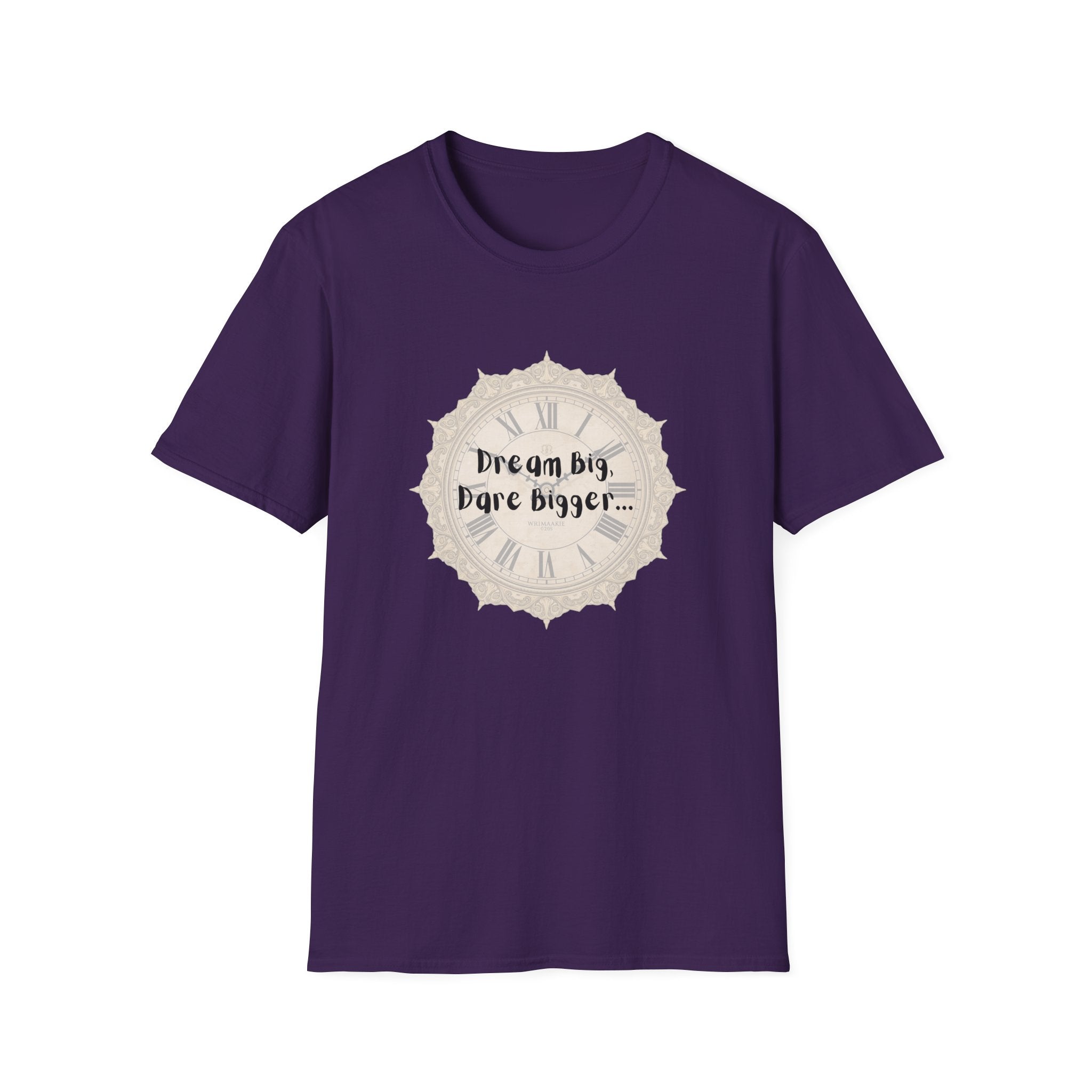 Dark purple crew-neck T-shirt with front clock graphic and “Dream Big, Dare Bigger…” lettering