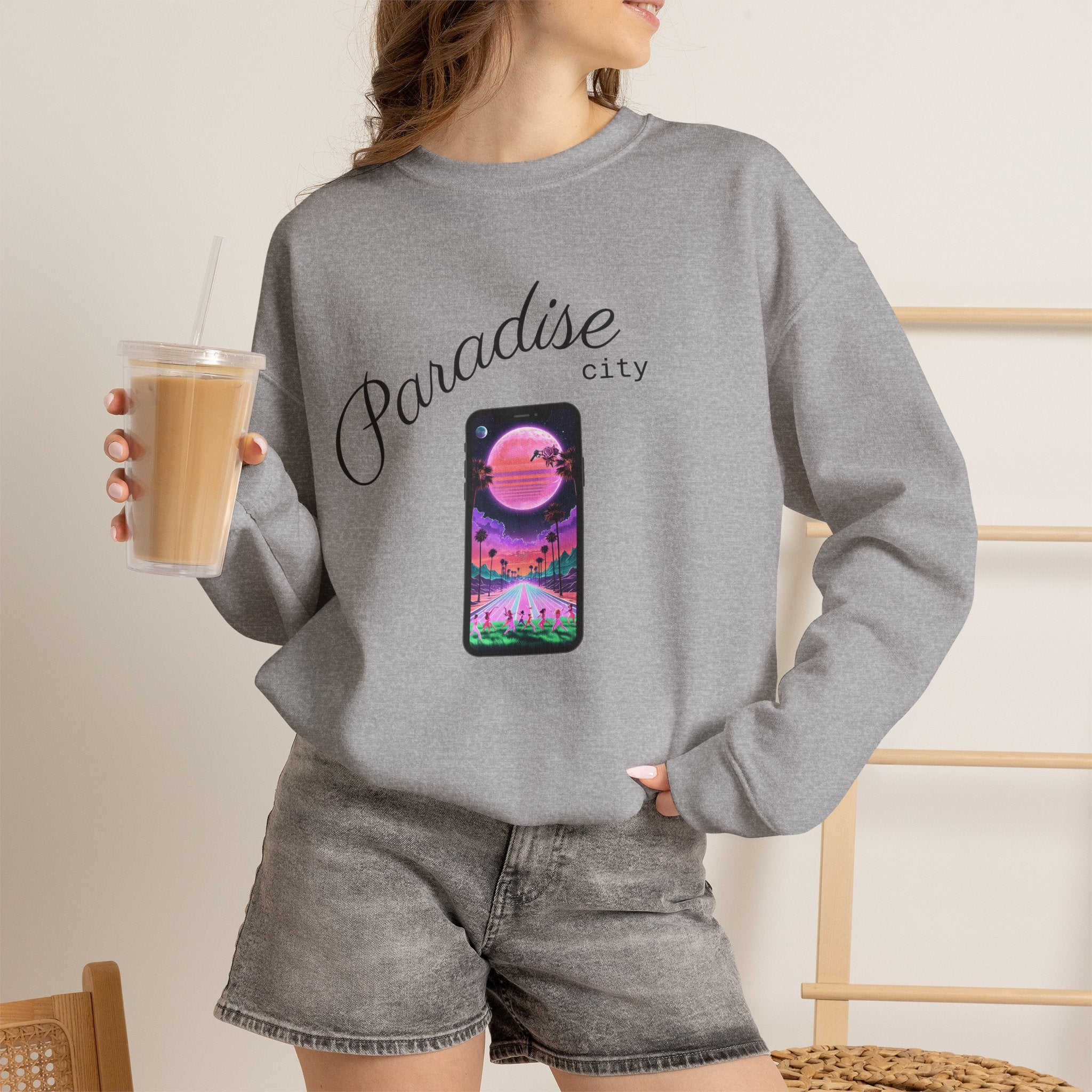 Sport grey crewneck sweatshirt on model with colorful phone sunset graphic