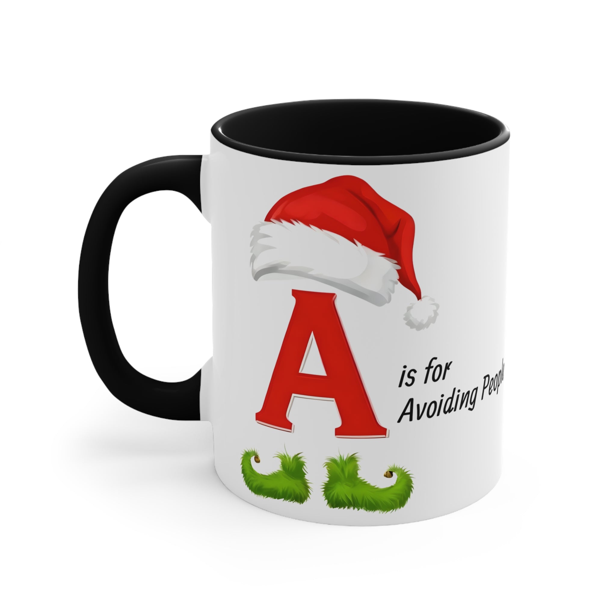 White mug with black interior and handle, Santa-hat letter A holiday graphic.