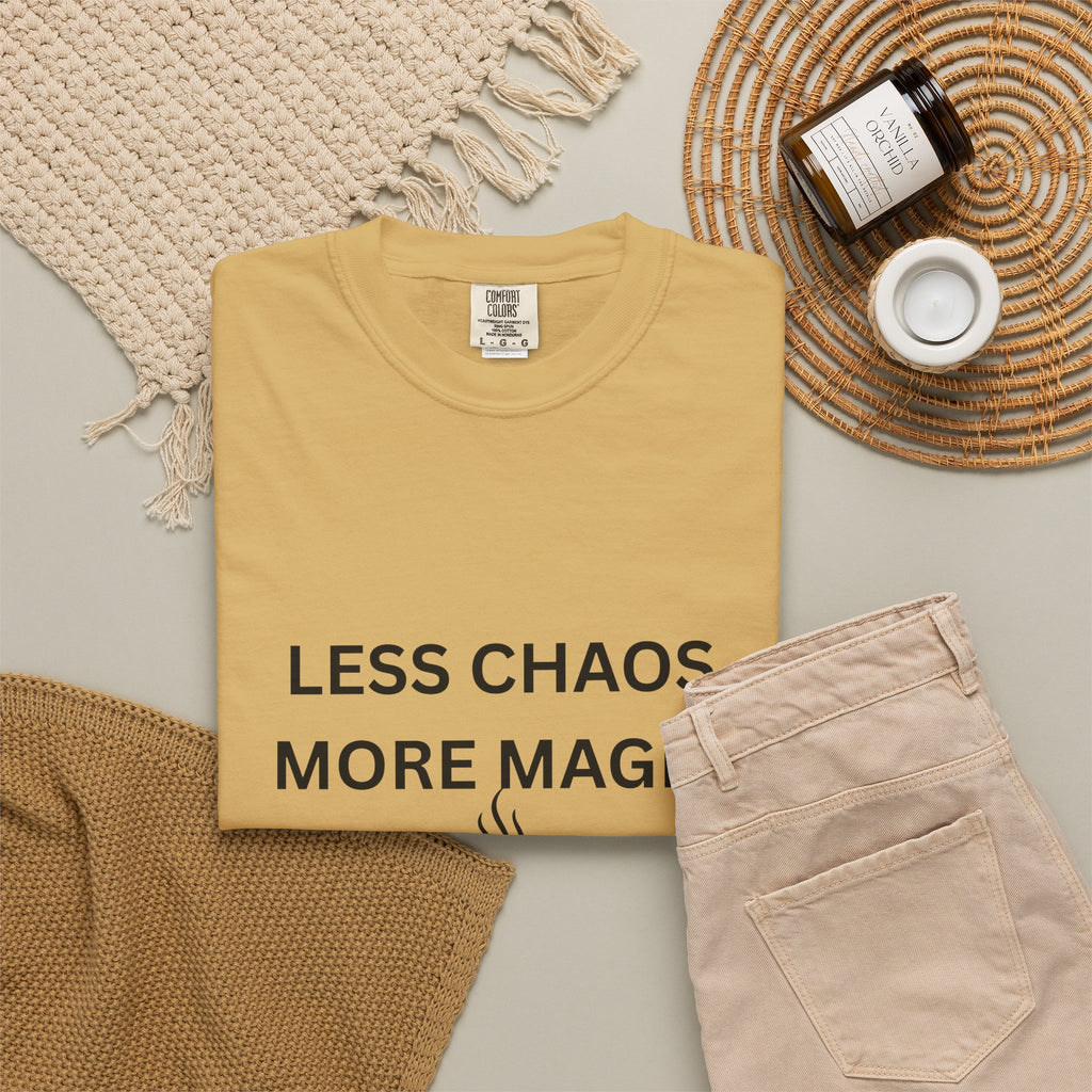 Less Chaos, More Magic T-Shirt — Cozy Coffee Cup Graphic Tee