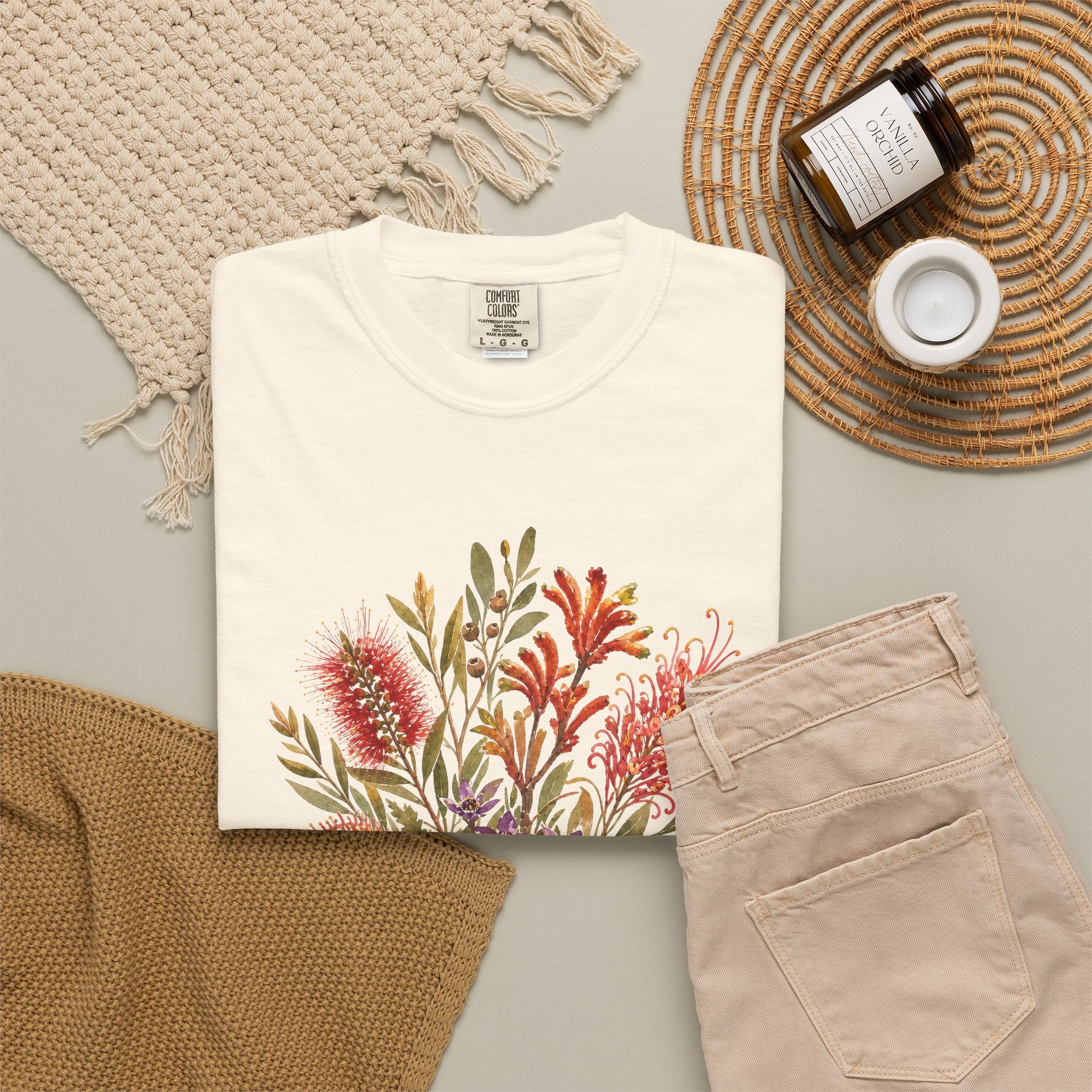 Ivory floral bouquet graphic t-shirt with “Bloom Gently” text on the chest.