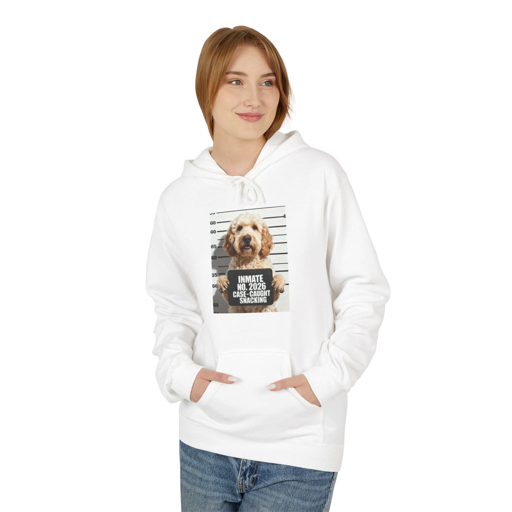 White hoodie with front pocket and hood, centered dog graphic print