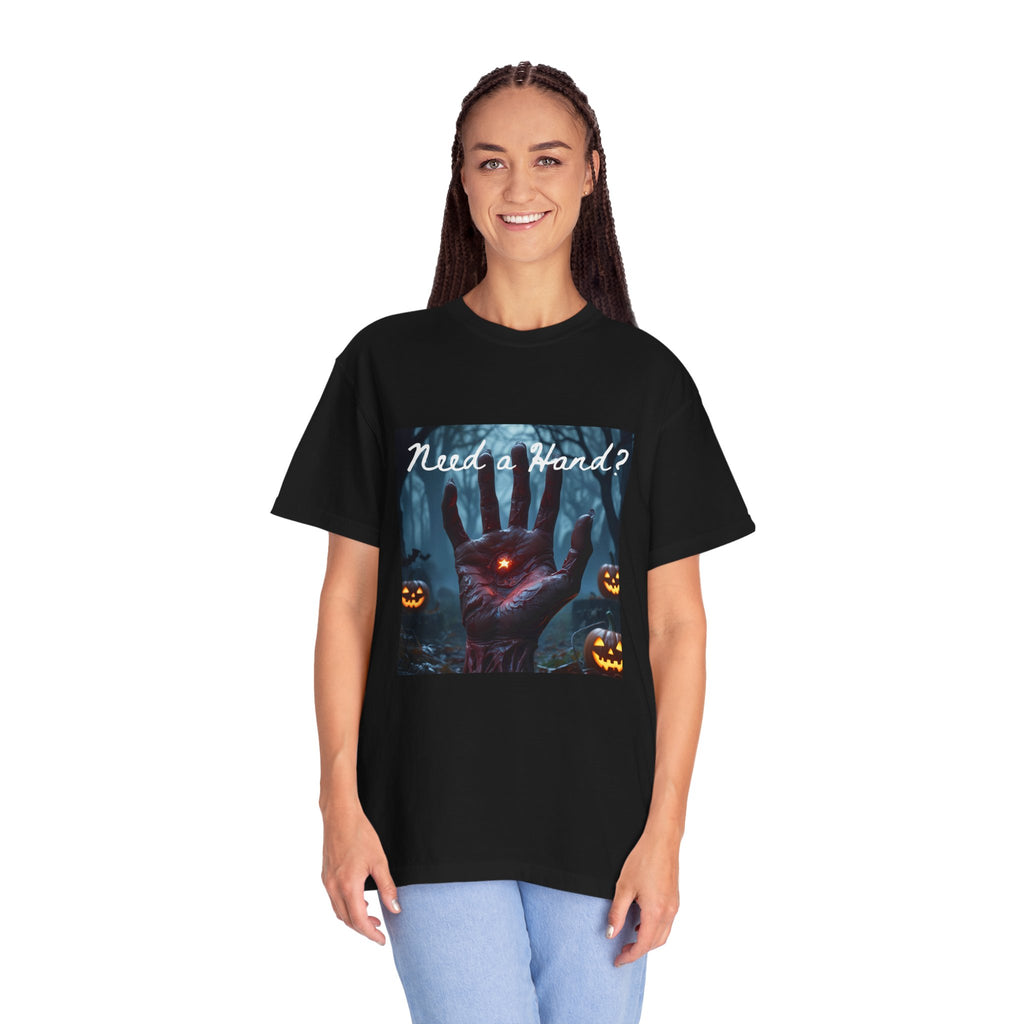 Black unisex T-shirt worn by model, 'Need a Hand?' Halloween graphic with pumpkins
