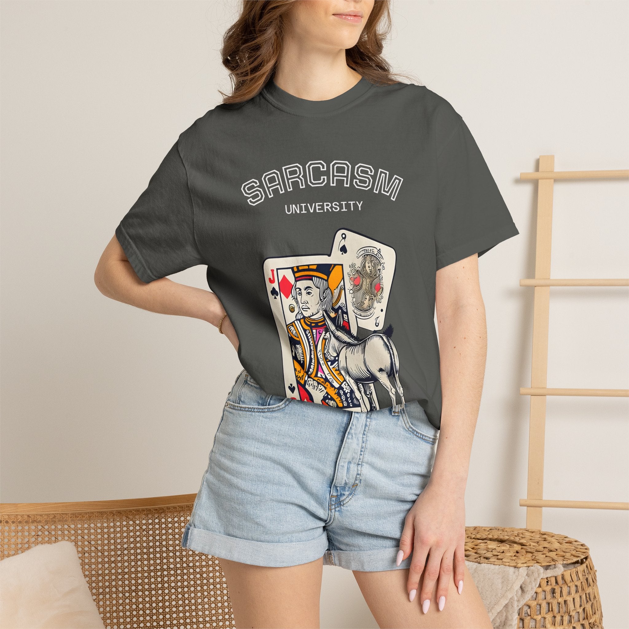 Dark gray unisex T-shirt with “SARCASM UNIVERSITY” text and playing-card unicorn graphic