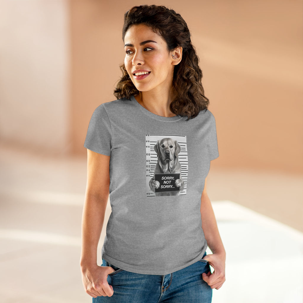 Sport gray cotton T-shirt with dog mugshot graphic and 'Sorry not sorry' text