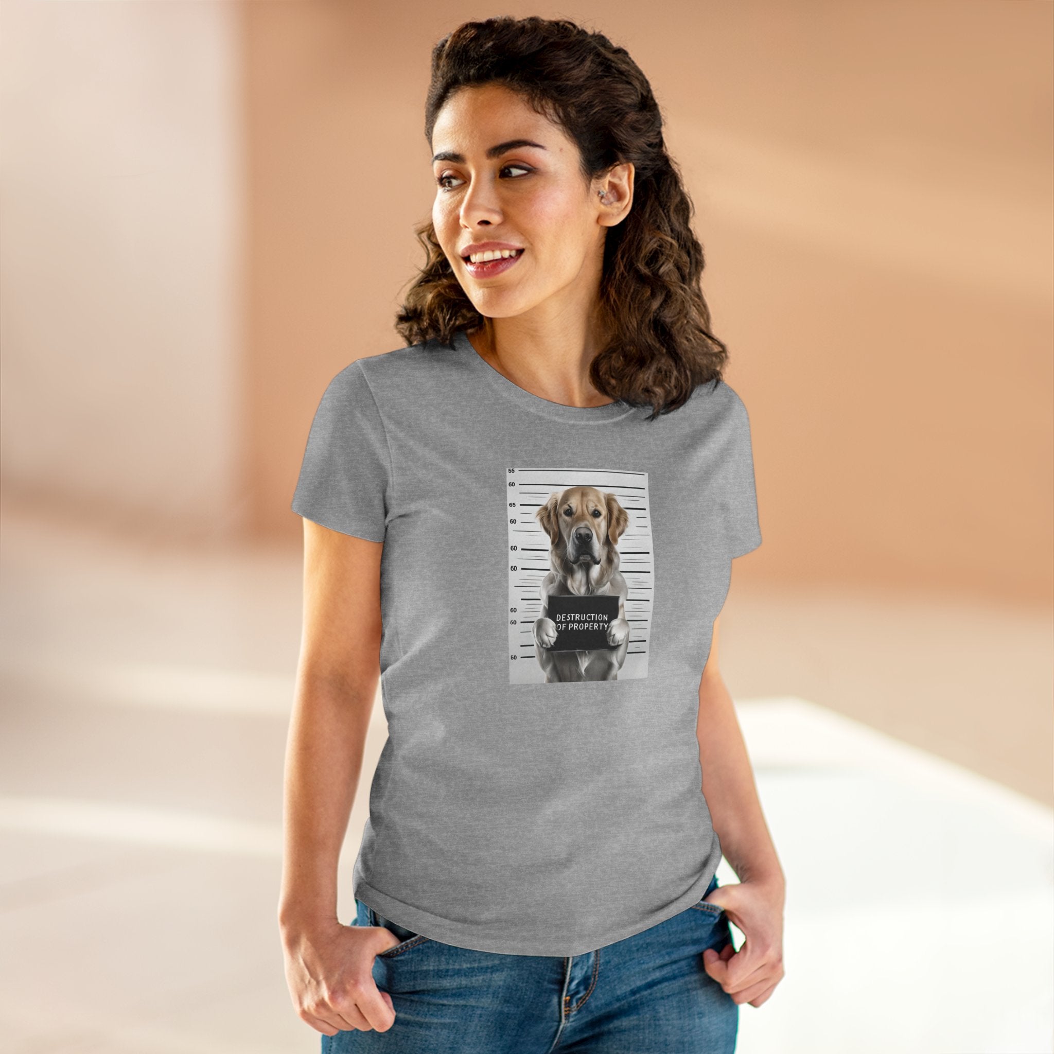 Sport grey cotton T-shirt with dog mugshot graphic on front