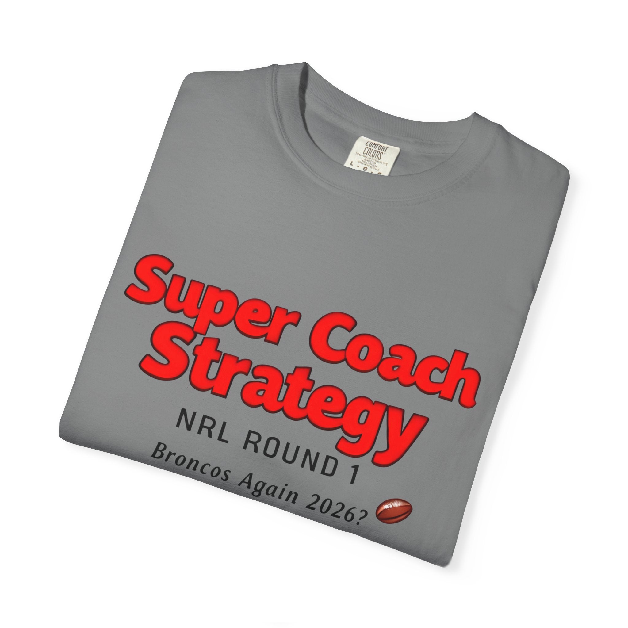 Grey crew-neck t-shirt with bold red "Super Coach Strategy" NRL Round 1 graphic
