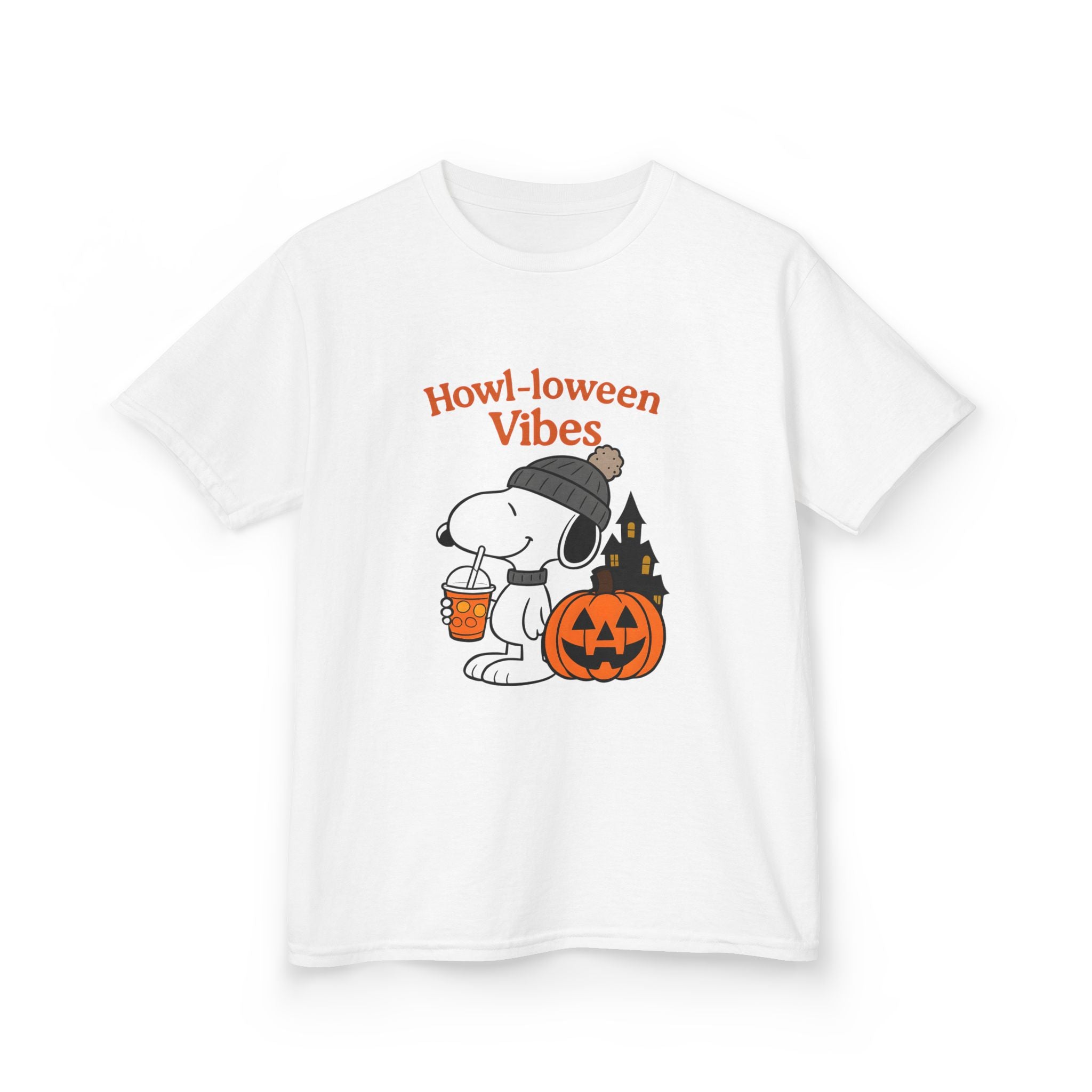 White kids graphic T-shirt with Snoopy and jack-o'-lantern, "Howl-oween Vibes"