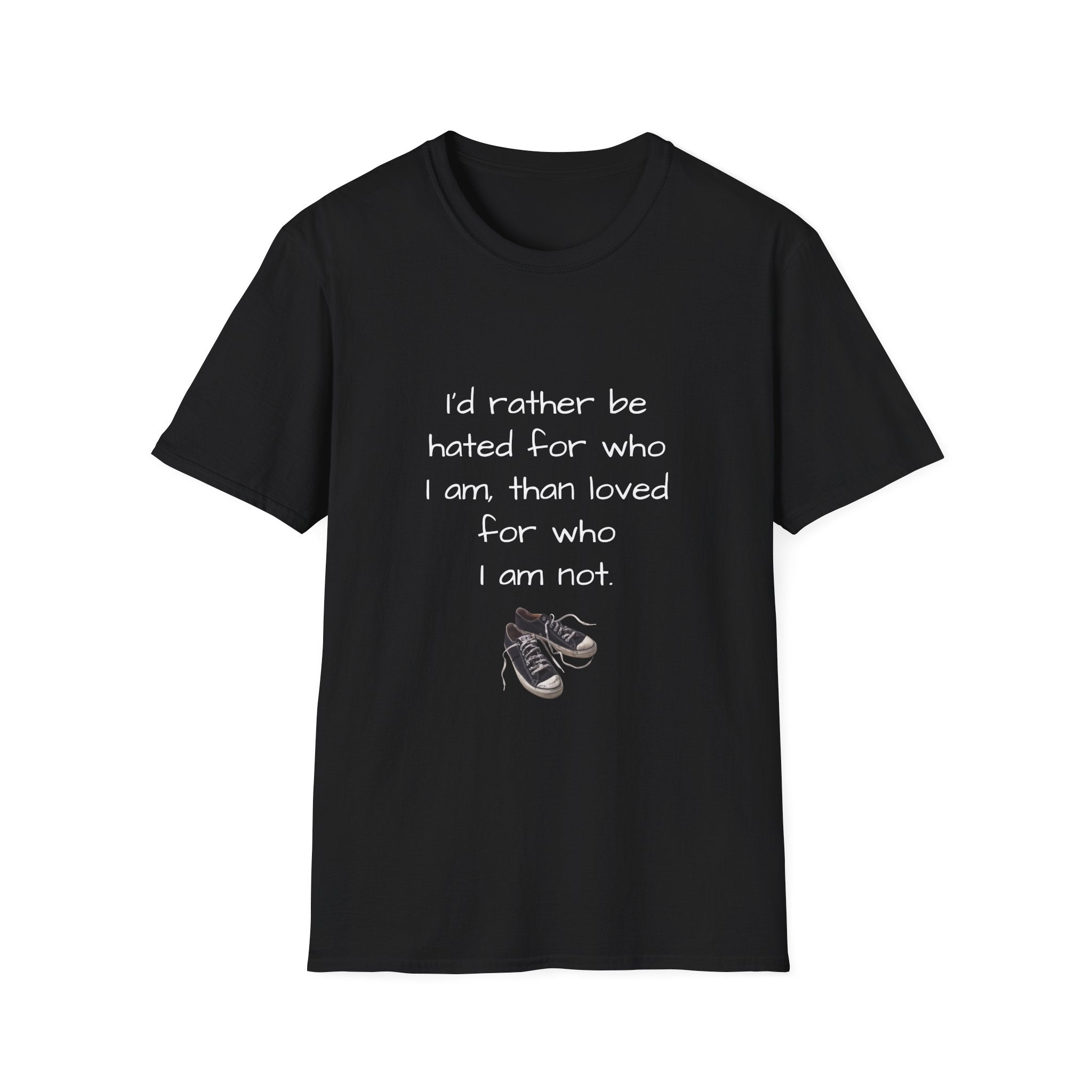 Black unisex T-shirt with white quote and small sneaker graphic on front