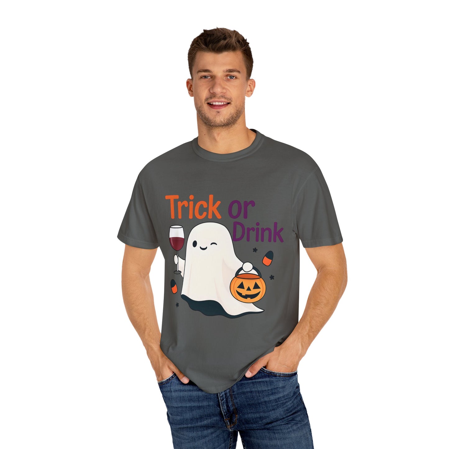 Halloween Ghost T-Shirt, Trick or Drink, Unisex Casual Tee, Fall Apparel, Spooky Party Shirt, Autumn Outfit