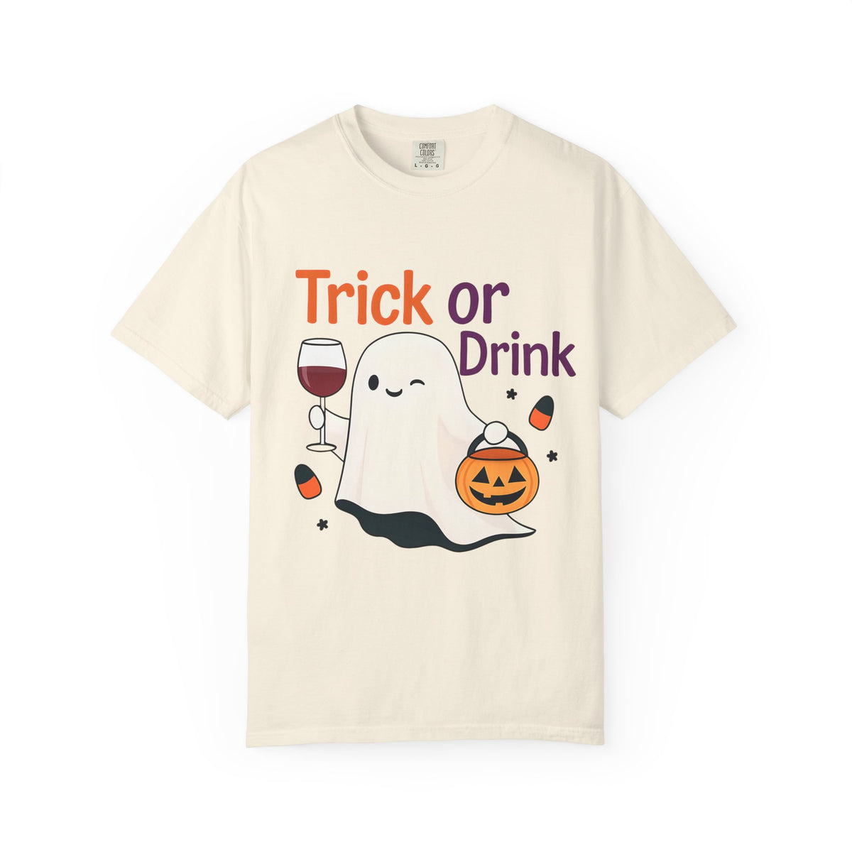 Ivory Halloween ghost t-shirt, front view, 'Trick or Drink' with pumpkin