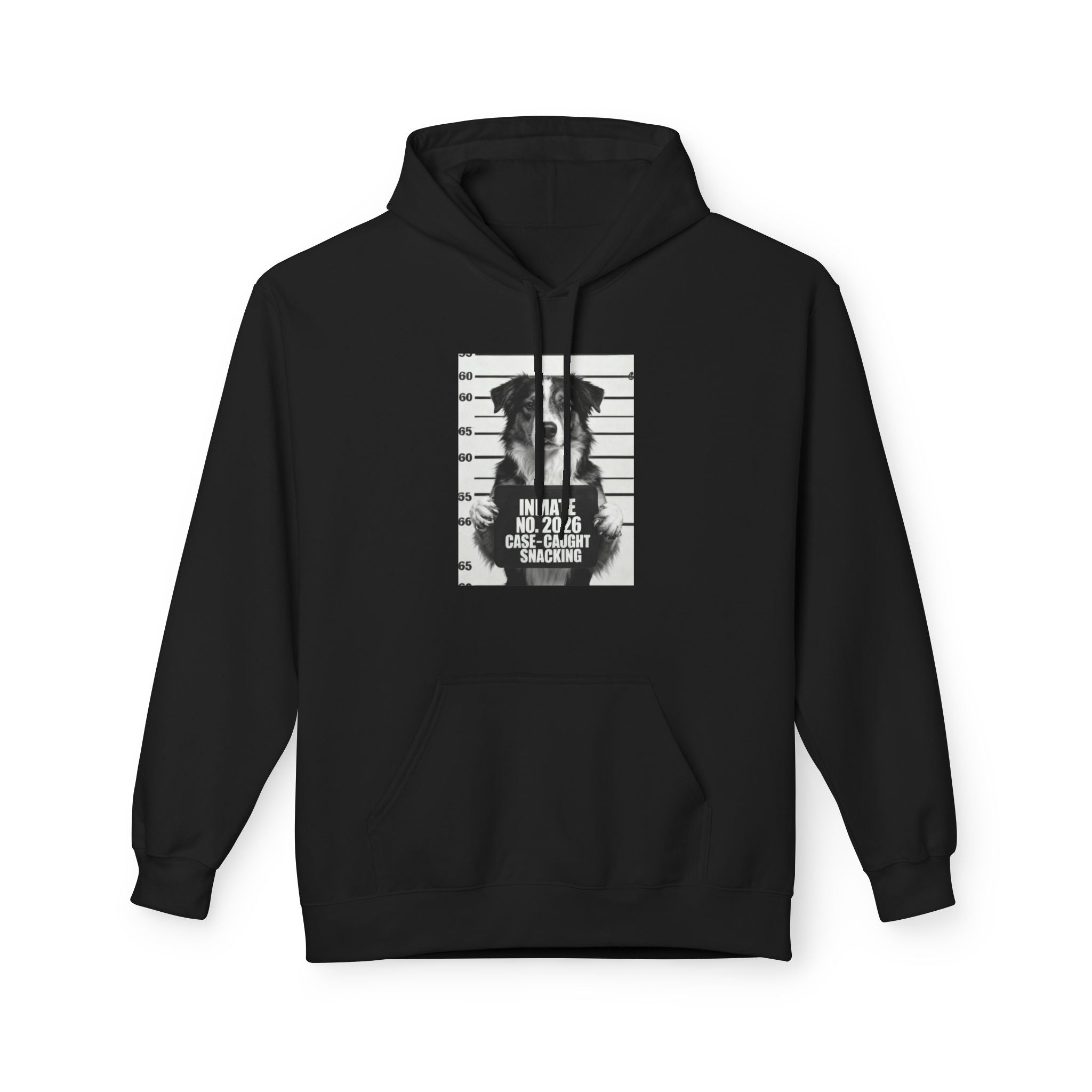 Black hoodie with front pouch and centered dog mugshot style graphic.