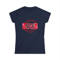 Women's graphic tee, navy with 'Nice' holiday lettering inside red circle