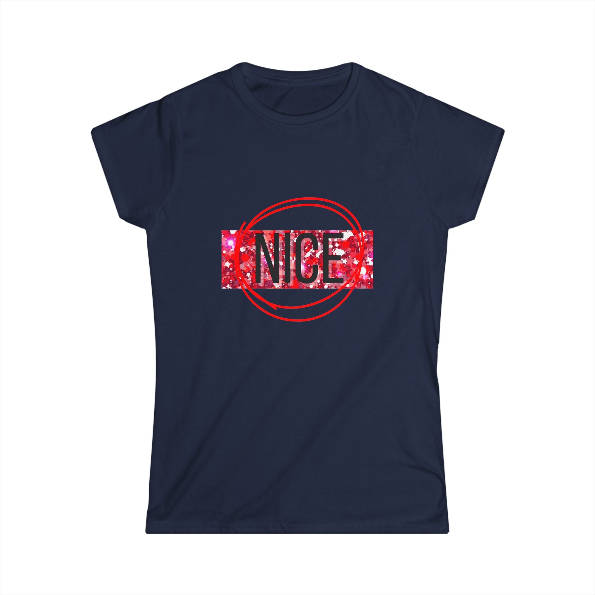 Women's graphic tee, navy with 'Nice' holiday lettering inside red circle