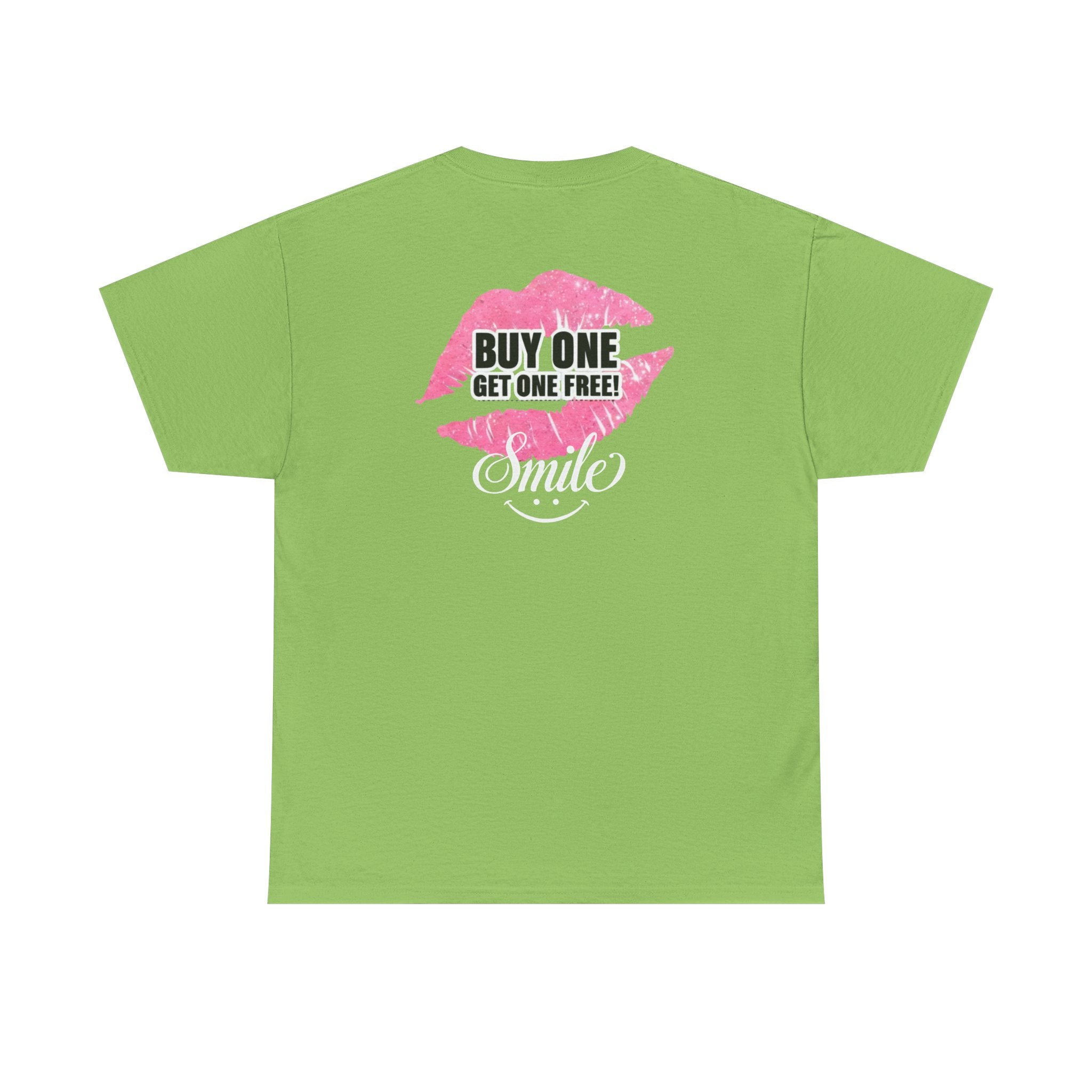 Lime green crewneck T-shirt with front lips graphic and text: “BUY ONE GET ONE FREE”